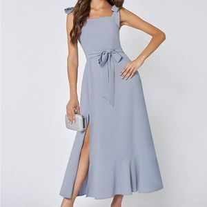 Love Of Romance French Blue Tie-Straps Ruffled Midi Dress NWT